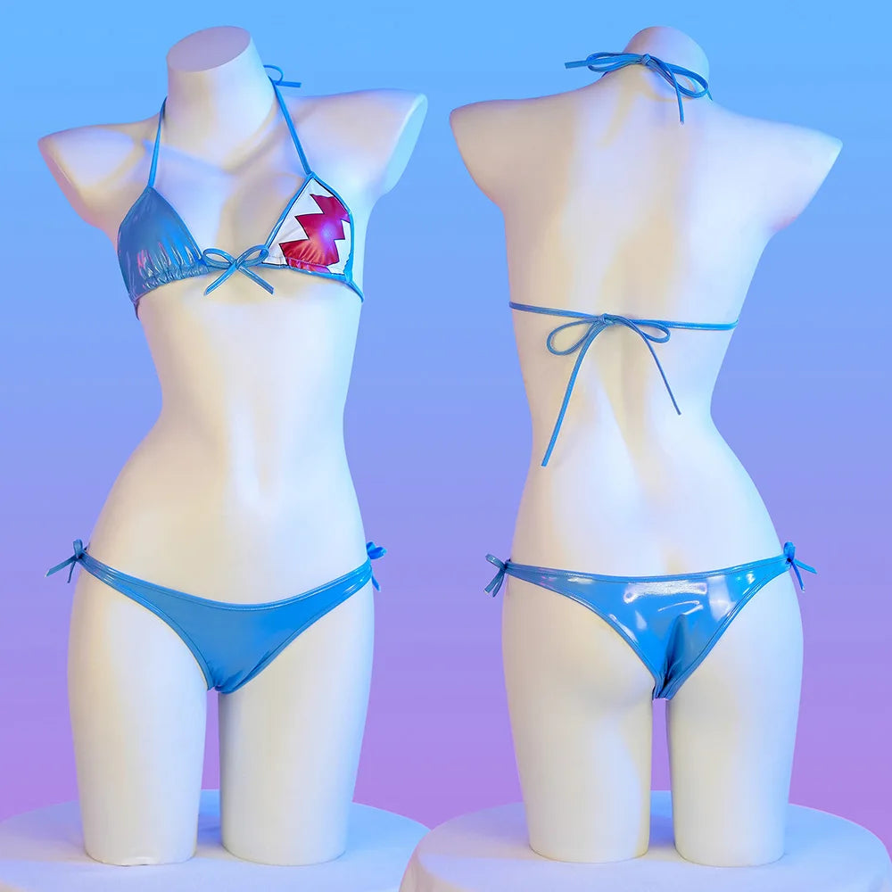 Tiburón Wet-Look Bikini Set – Edgy Shark Print Metallic Swimsuit