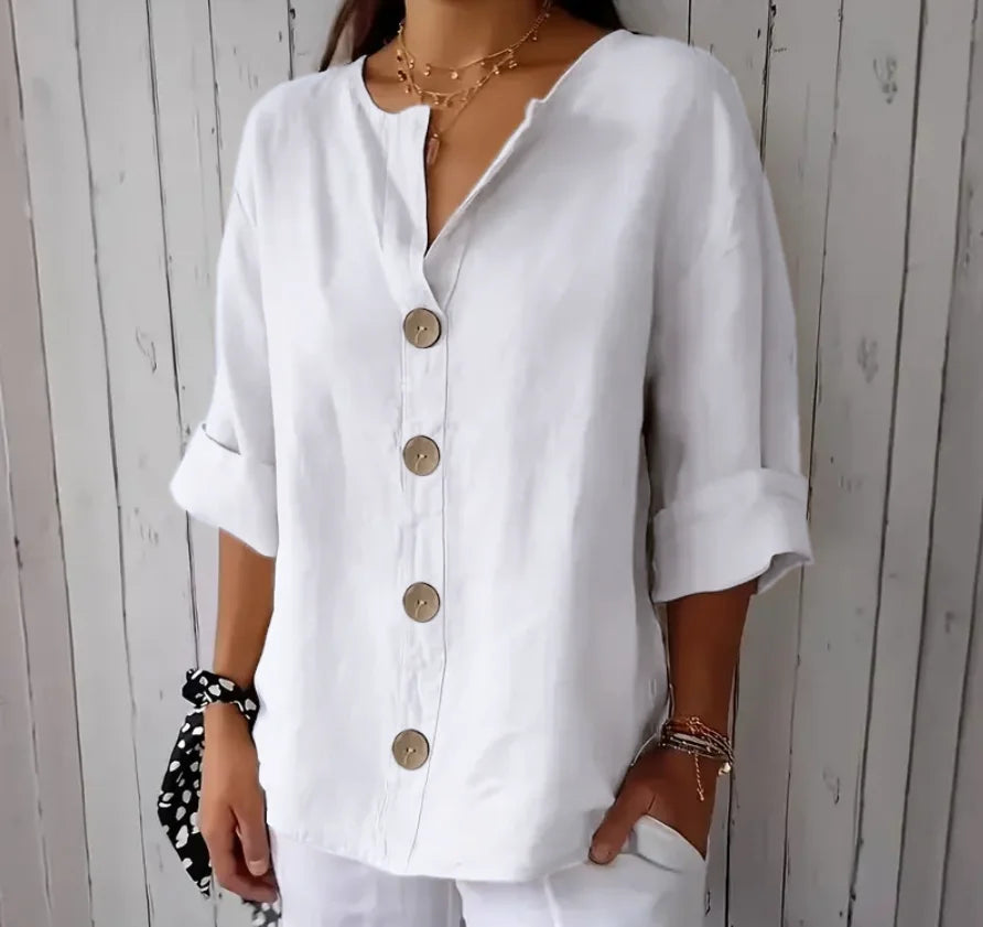 Casual Linen-Blend V-Neck Blouse - Elegant Summer Shirt