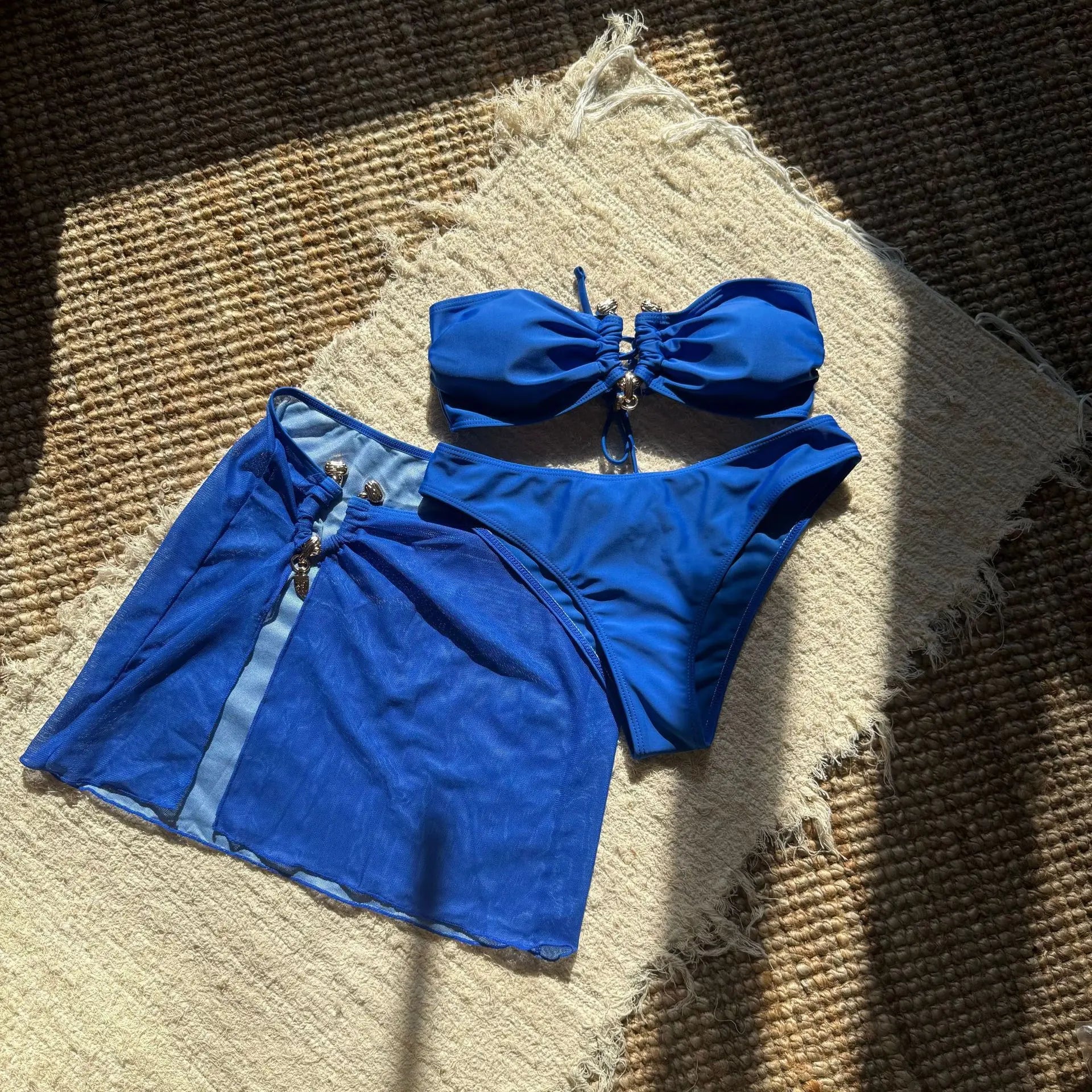 Aura 3-Piece Bandeau Bikini Set with Matching Mesh Skirt