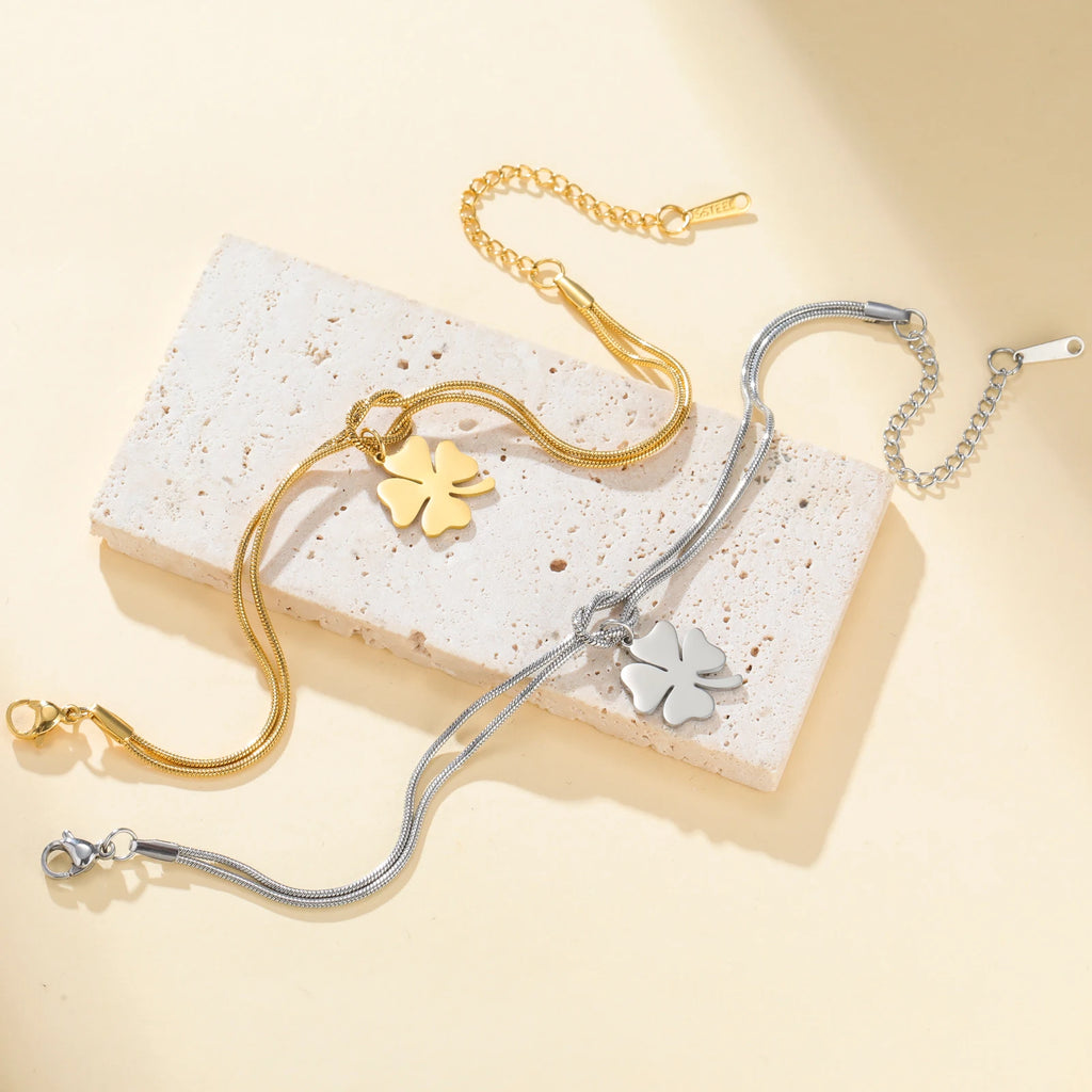 The "Aura Clover" Stainless Steel Bracelet – Lucky Four-Leaf Charm Snake Chain