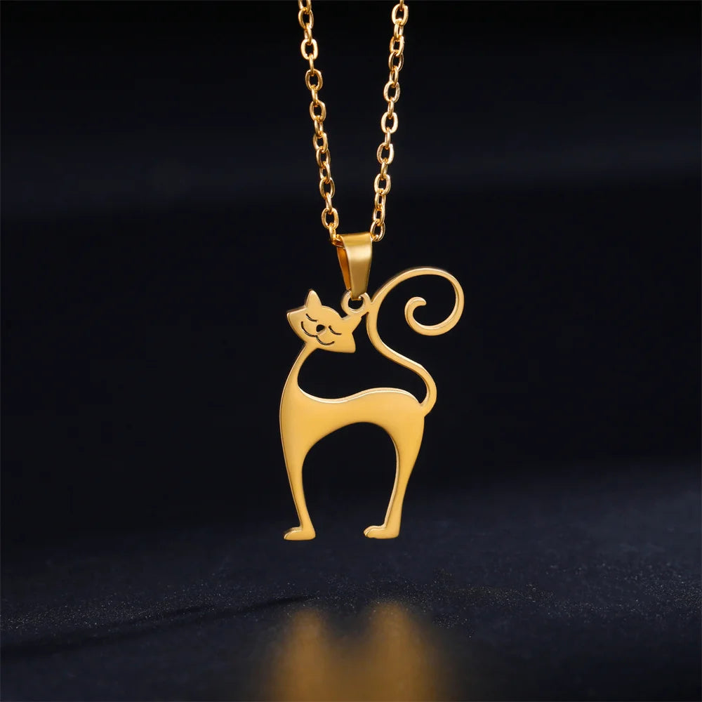 Minimalist Stainless Steel Quirky Long-Tail Cat Pendant Necklace