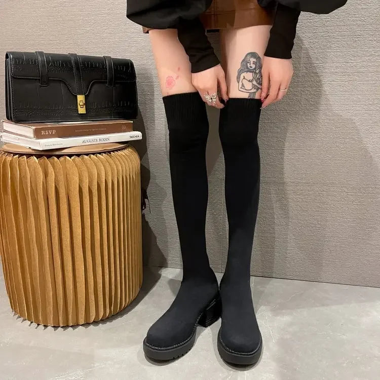 Women's Over-the-Knee Platform Boots - Elastic Stretch Winter Cowboy-Style Boots