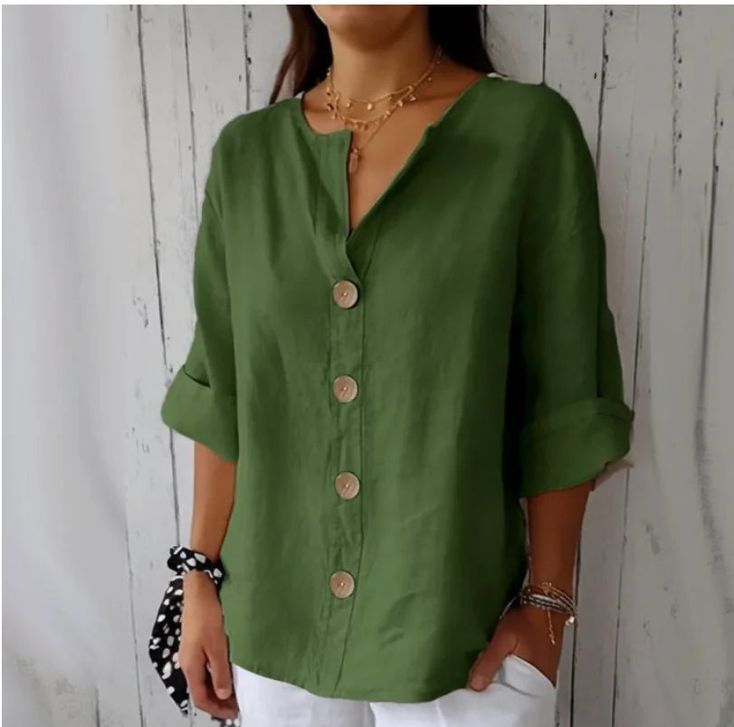 Casual Linen-Blend V-Neck Blouse - Elegant Summer Shirt