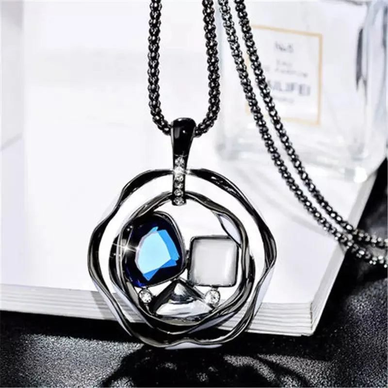 Vintage Ethnic Ocean Blue Crystal Long Pendant Necklace