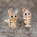 Luna Cat & Fish Zircon Hoop Earrings – Playful Gold-Plated Jewelry