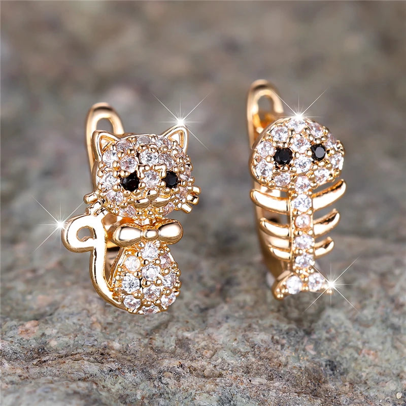 Luna Cat & Fish Zircon Hoop Earrings – Playful Gold-Plated Jewelry