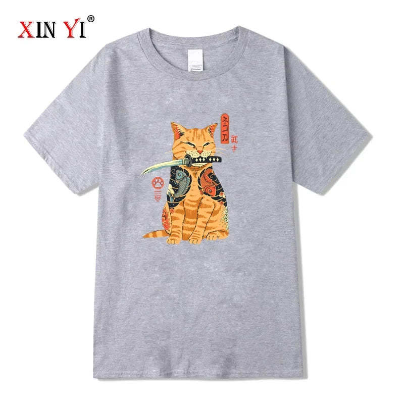 Japanese Style Samurai Cat Graphic Streetwear T-Shirt
