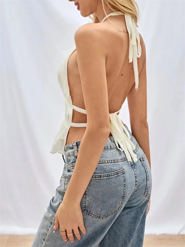 Backless Pleated Halter Top - Y2K Style