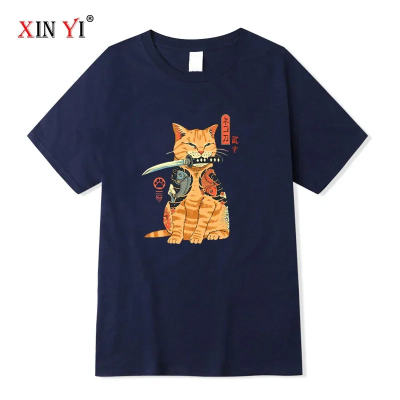 Japanese Style Samurai Cat Graphic Streetwear T-Shirt