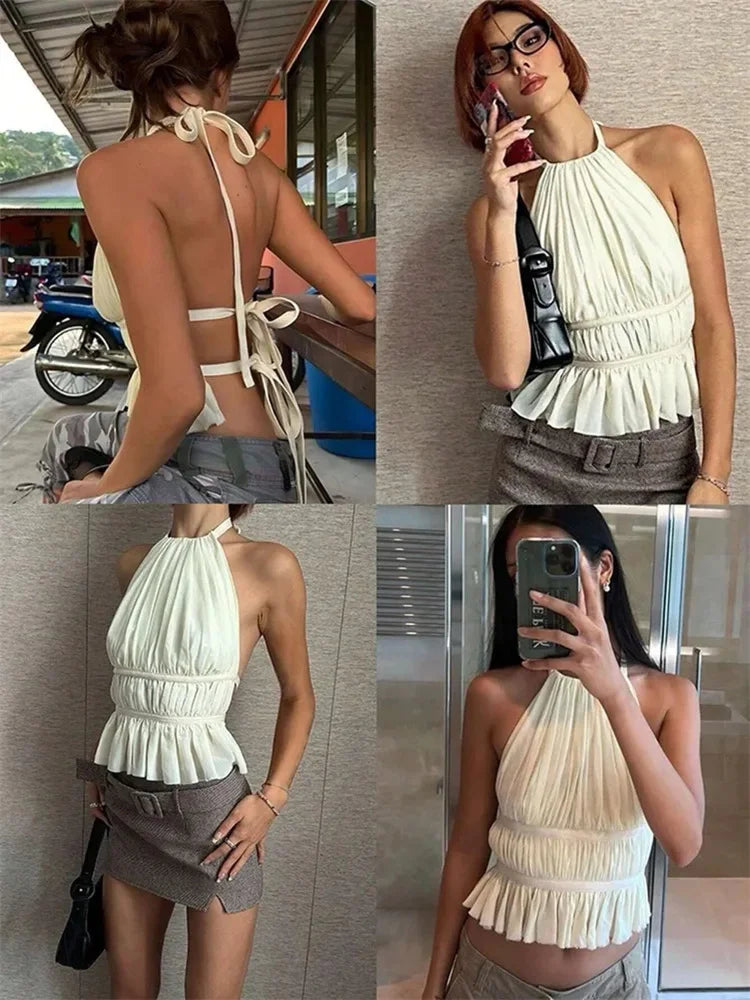 Backless Pleated Halter Top - Y2K Style