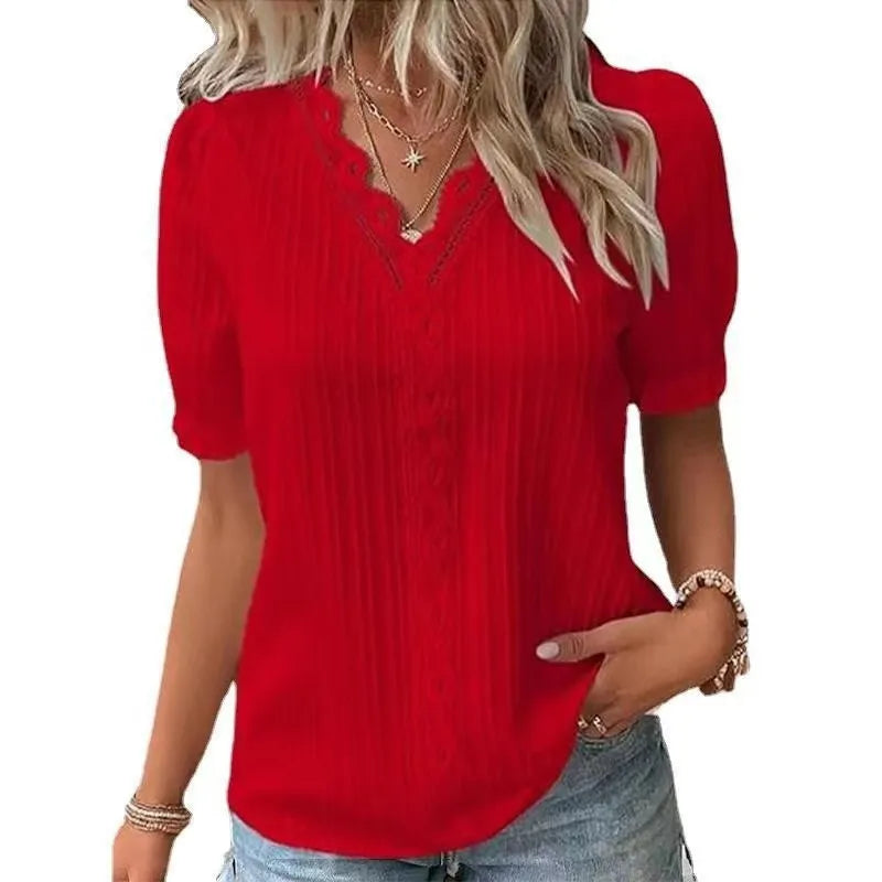 Lace Trim V-Neck Chiffon Blouse