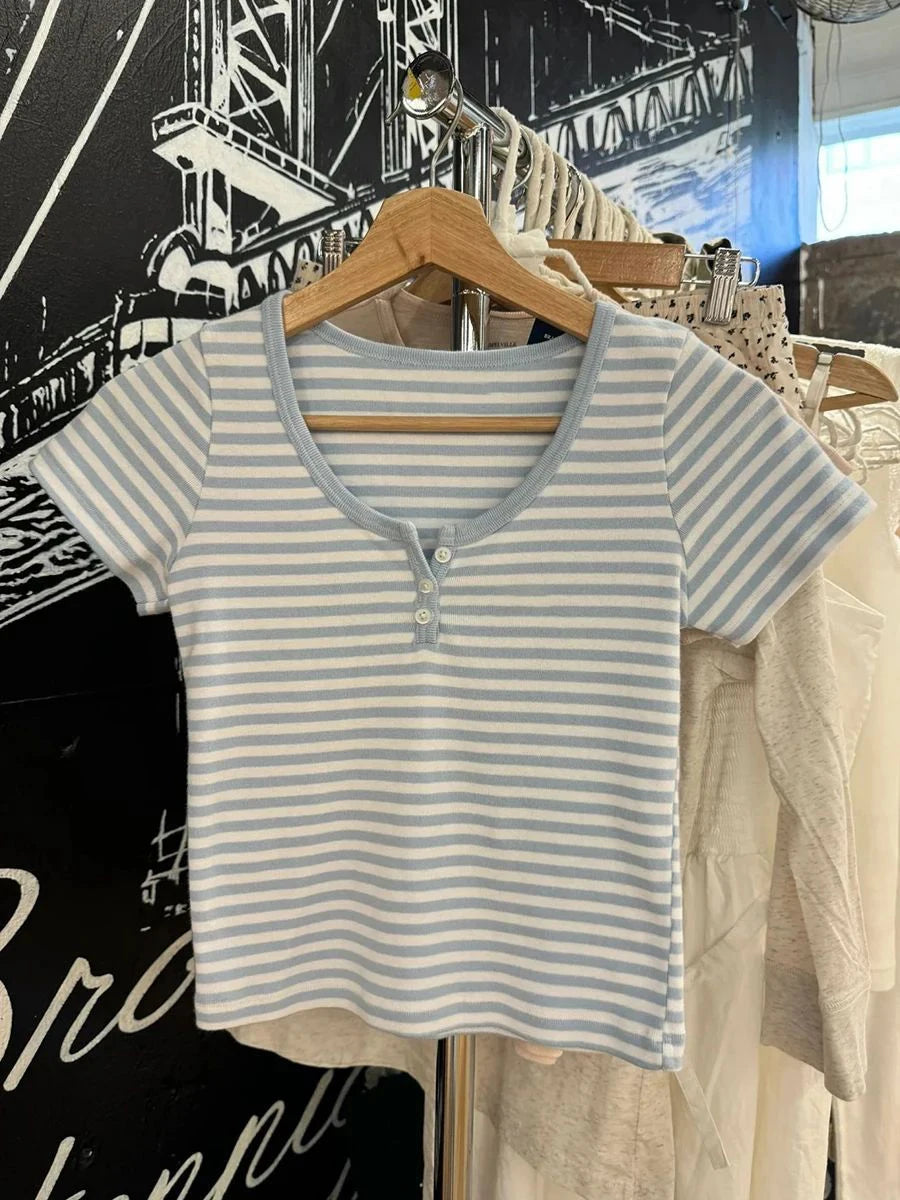 Brooklyn Retro Striped Crop Top – Y2K Ribbed Button Henley Tee