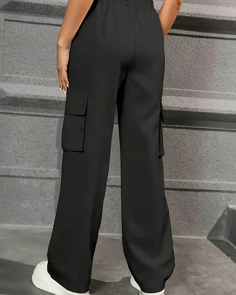 Women's High-Waisted Wide-Leg Casual Trousers - Elastic Waist Sportswear & Workwear Pants