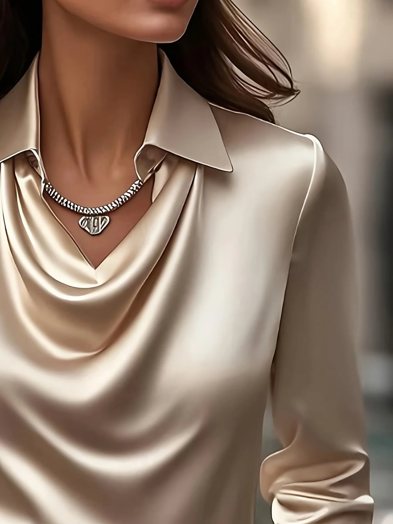 Elegant Satin Pleated Long-Sleeve Blouse