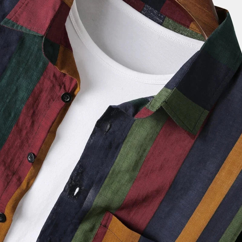 Men's Retro Vertical Striped Long Sleeve Shirt - Loose Fit Button-Down Streetwear Top
