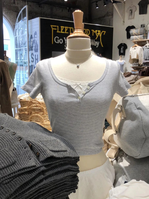 Brooklyn Retro Striped Crop Top – Y2K Ribbed Button Henley Tee