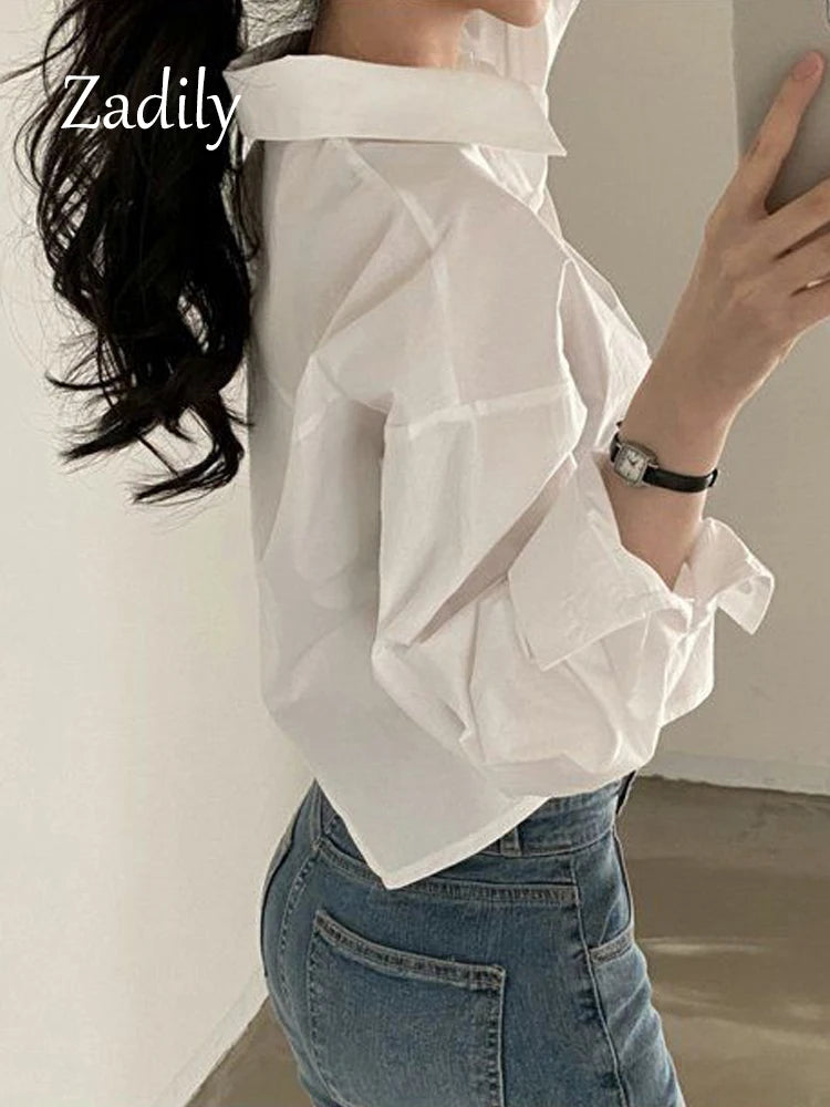 Women's Classic Long Sleeve Button-Down Shirt - Versatile Split-Hem Crop Top for Everyday Style