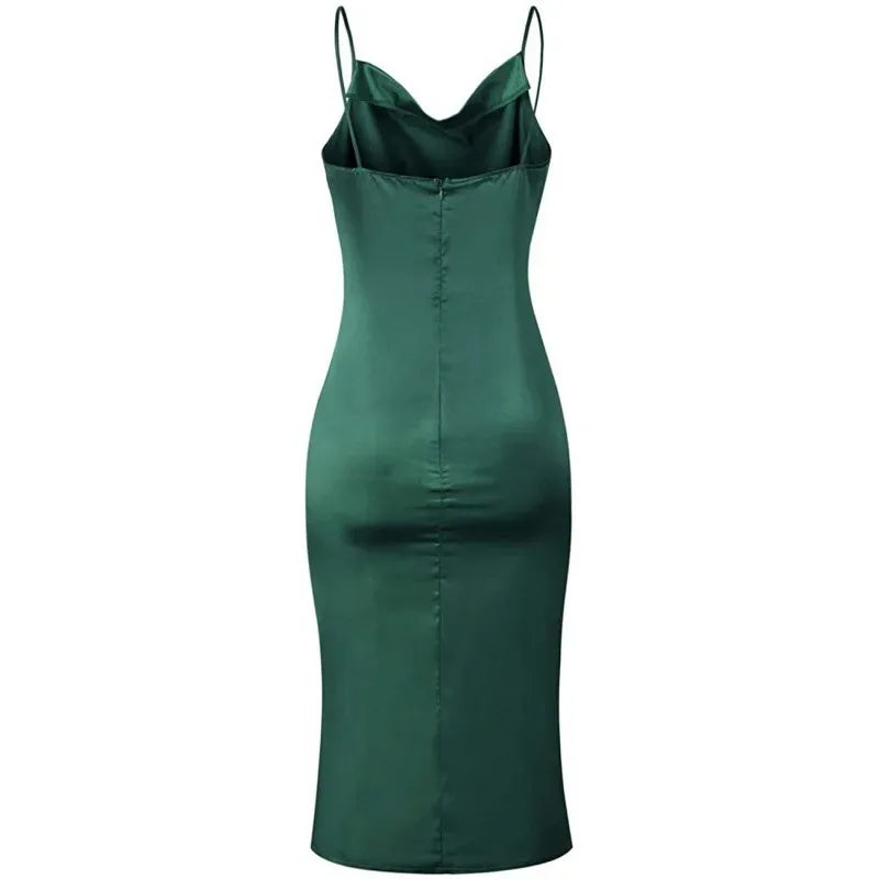 Emerald Aura Satin Maxi Dress – Elegant Backless Evening Dress