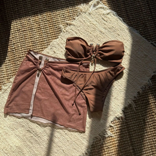 Aura 3-Piece Bandeau Bikini Set with Matching Mesh Skirt