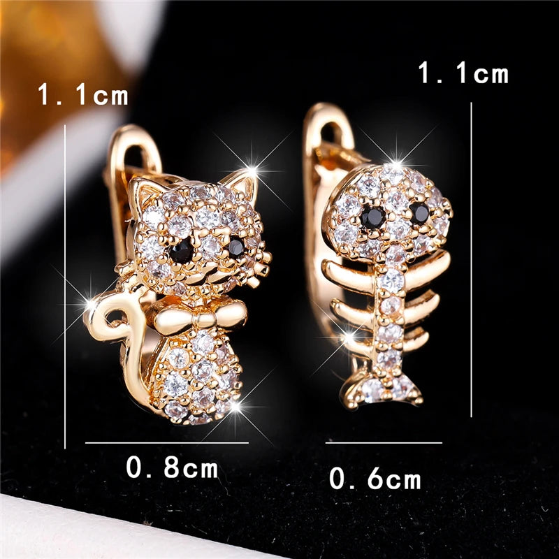 Luna Cat & Fish Zircon Hoop Earrings – Playful Gold-Plated Jewelry