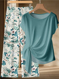 Summer Tropical Two-Piece Set - Casual Twist Top & Wide-Leg Pants