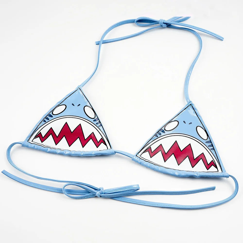 Tiburón Wet-Look Bikini Set – Edgy Shark Print Metallic Swimsuit