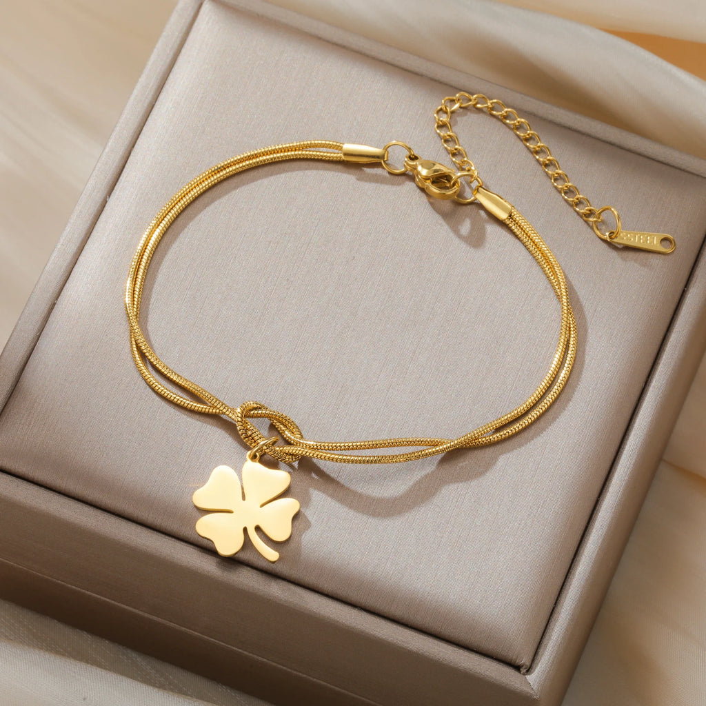 The "Aura Clover" Stainless Steel Bracelet – Lucky Four-Leaf Charm Snake Chain