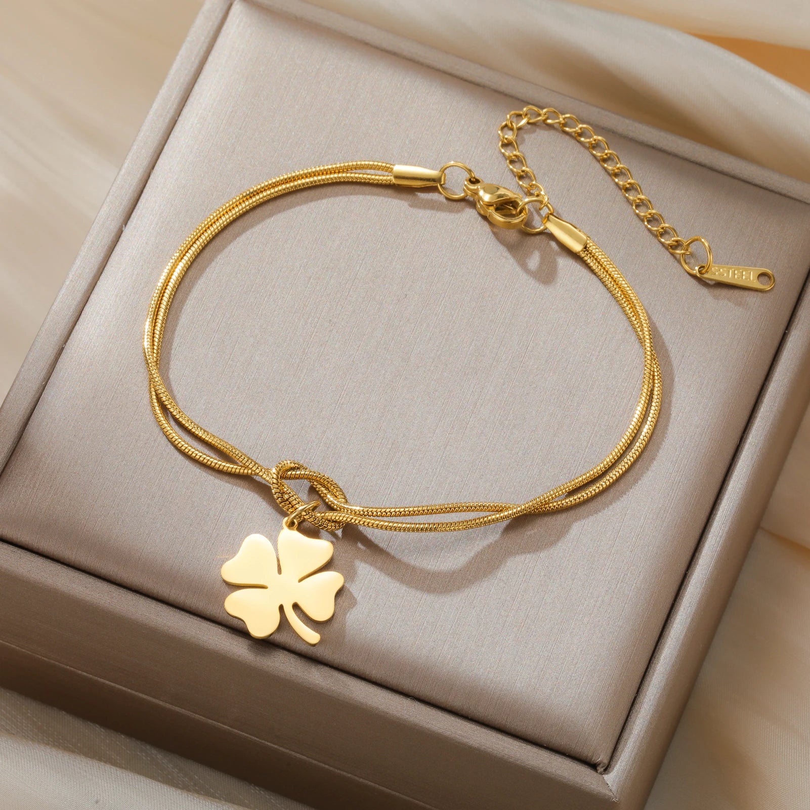 The "Aura Clover" Stainless Steel Bracelet – Lucky Four-Leaf Charm Snake Chain