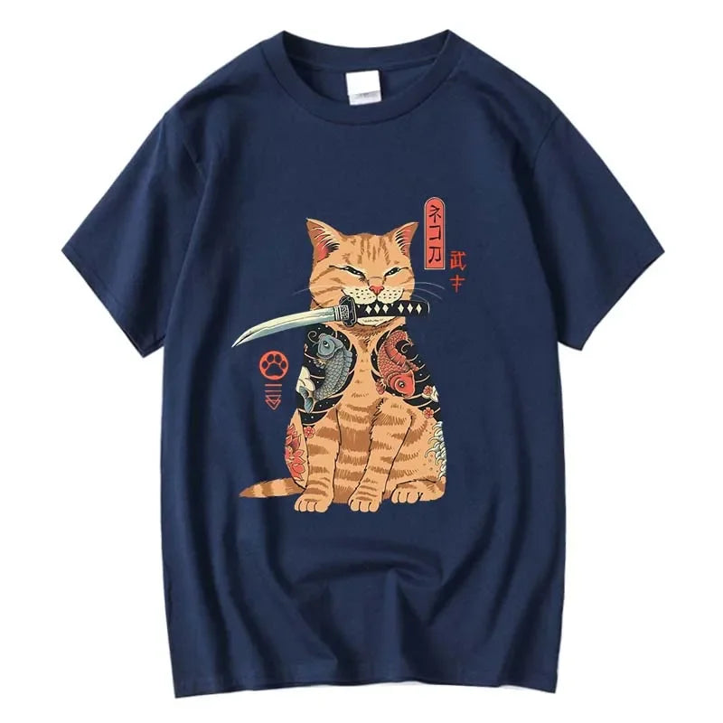 Japanese Style Samurai Cat Graphic Streetwear T-Shirt