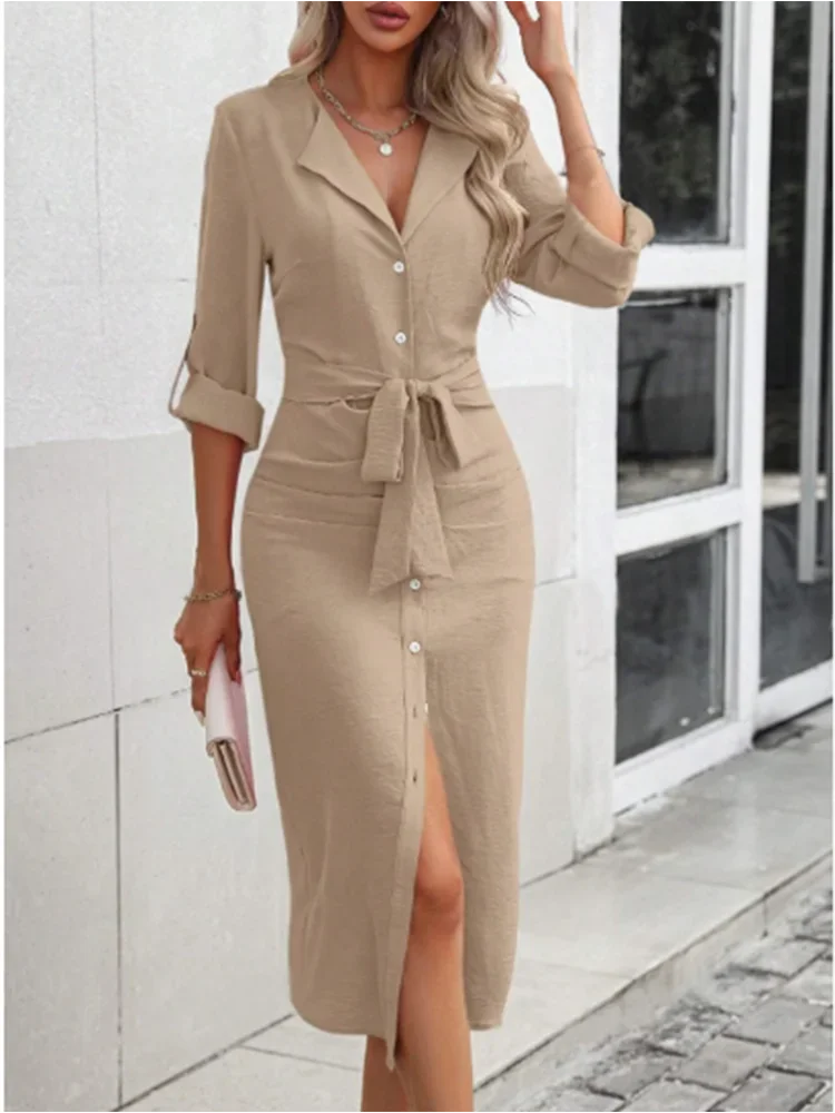 Velvet Aura Shirt Dress – Elegant V-Neck Lace-Up Maxi