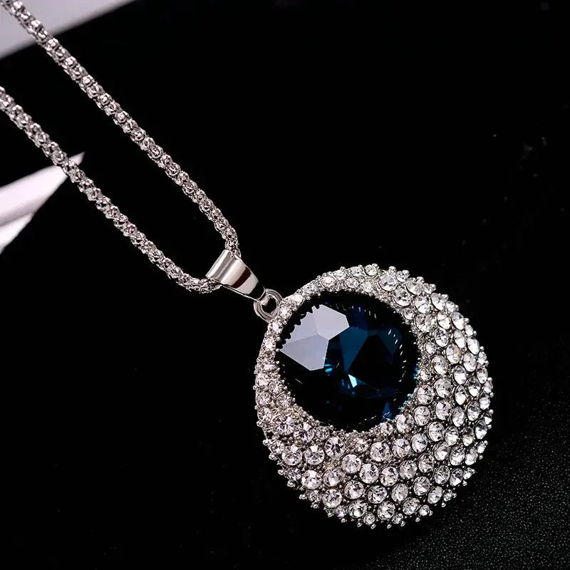Vintage Ethnic Ocean Blue Crystal Long Pendant Necklace