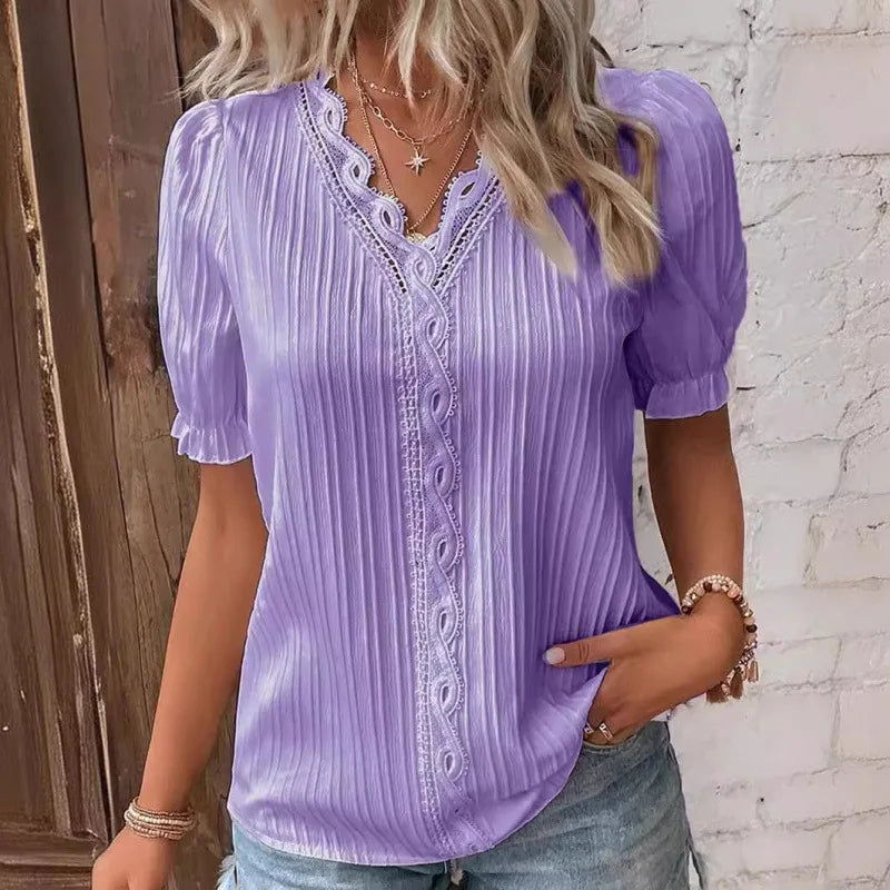 Lace Trim V-Neck Chiffon Blouse