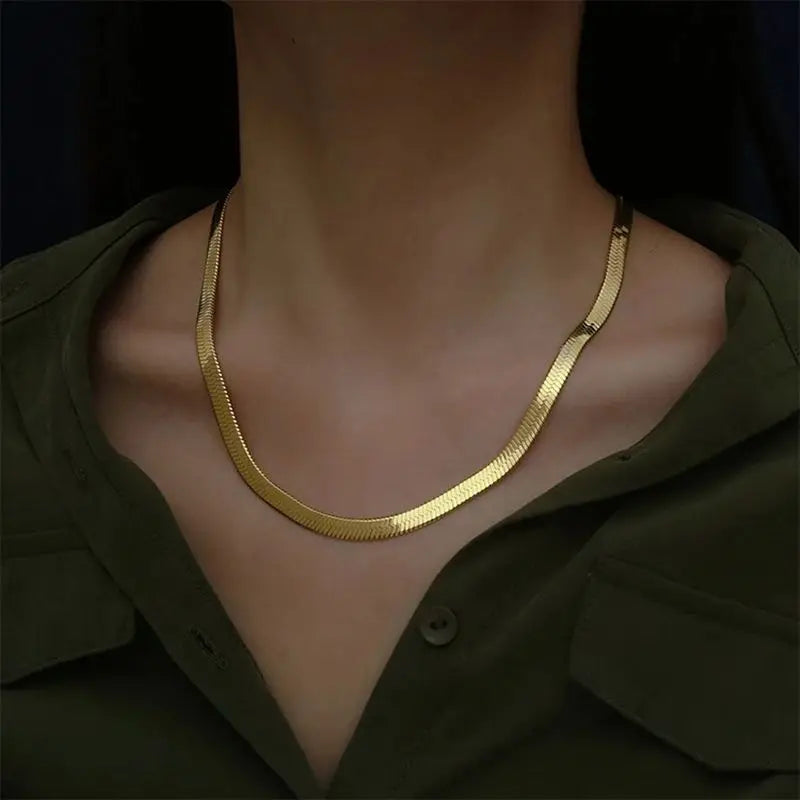 Silver color Gold Plated 4MM Flat chain Necklace for Women Luxury Fine Jewelry wedding gift choker Clavicle