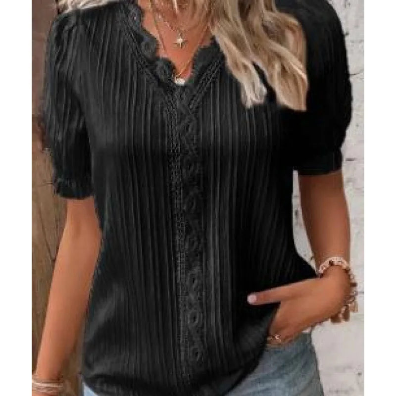 Lace Trim V-Neck Chiffon Blouse