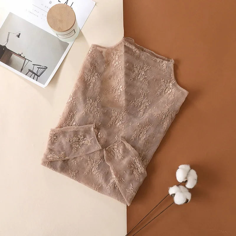 The "Aura Dahlia" Mesh Lace Top – Elegant Floral Mock Neck Bottoming Blouse