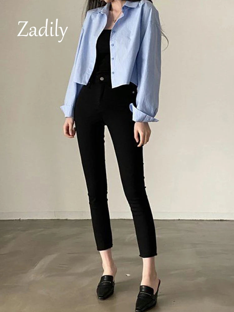 Women's Classic Long Sleeve Button-Down Shirt - Versatile Split-Hem Crop Top for Everyday Style