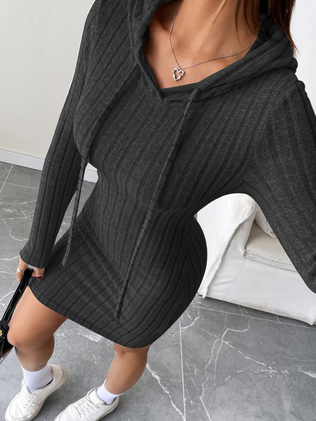 Ribbed Knitted Hooded Slim Fit Dress