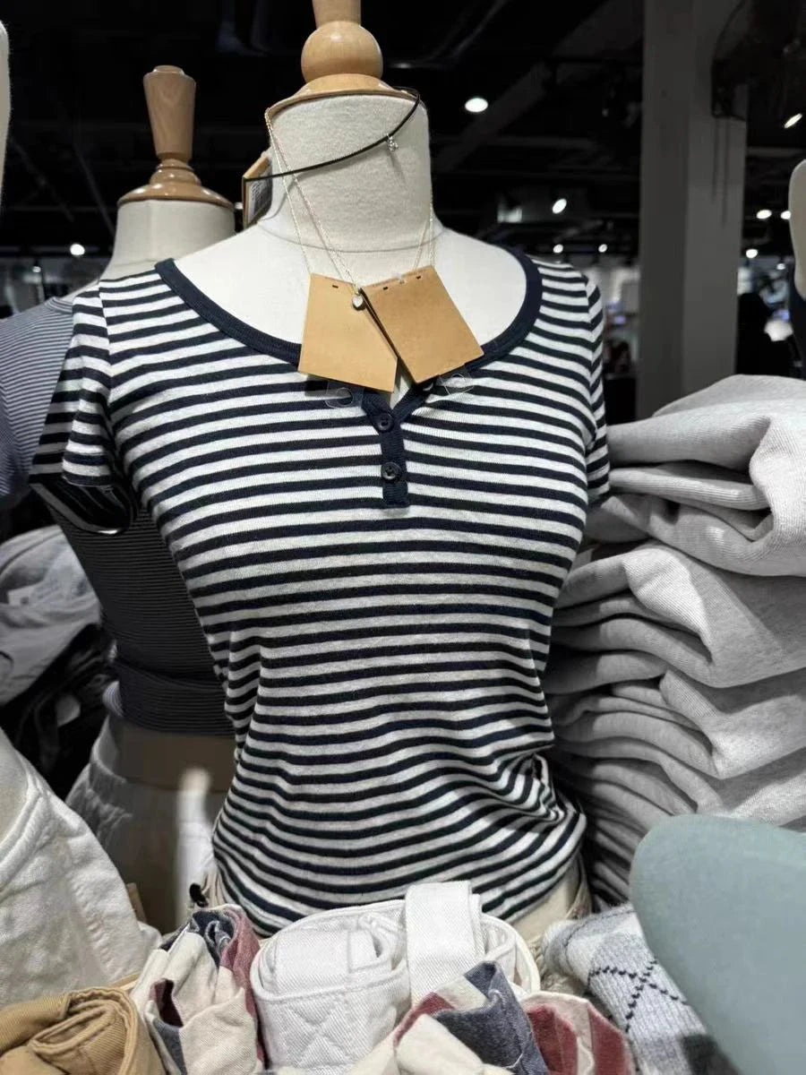Brooklyn Retro Striped Crop Top – Y2K Ribbed Button Henley Tee