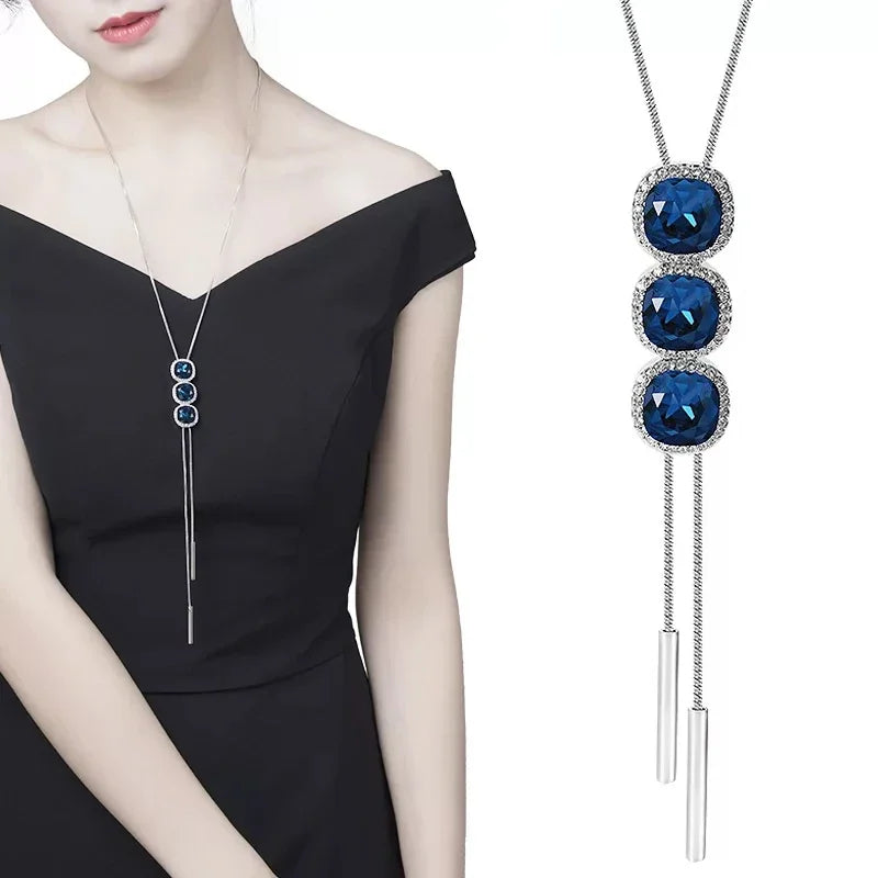 Vintage Ethnic Ocean Blue Crystal Long Pendant Necklace