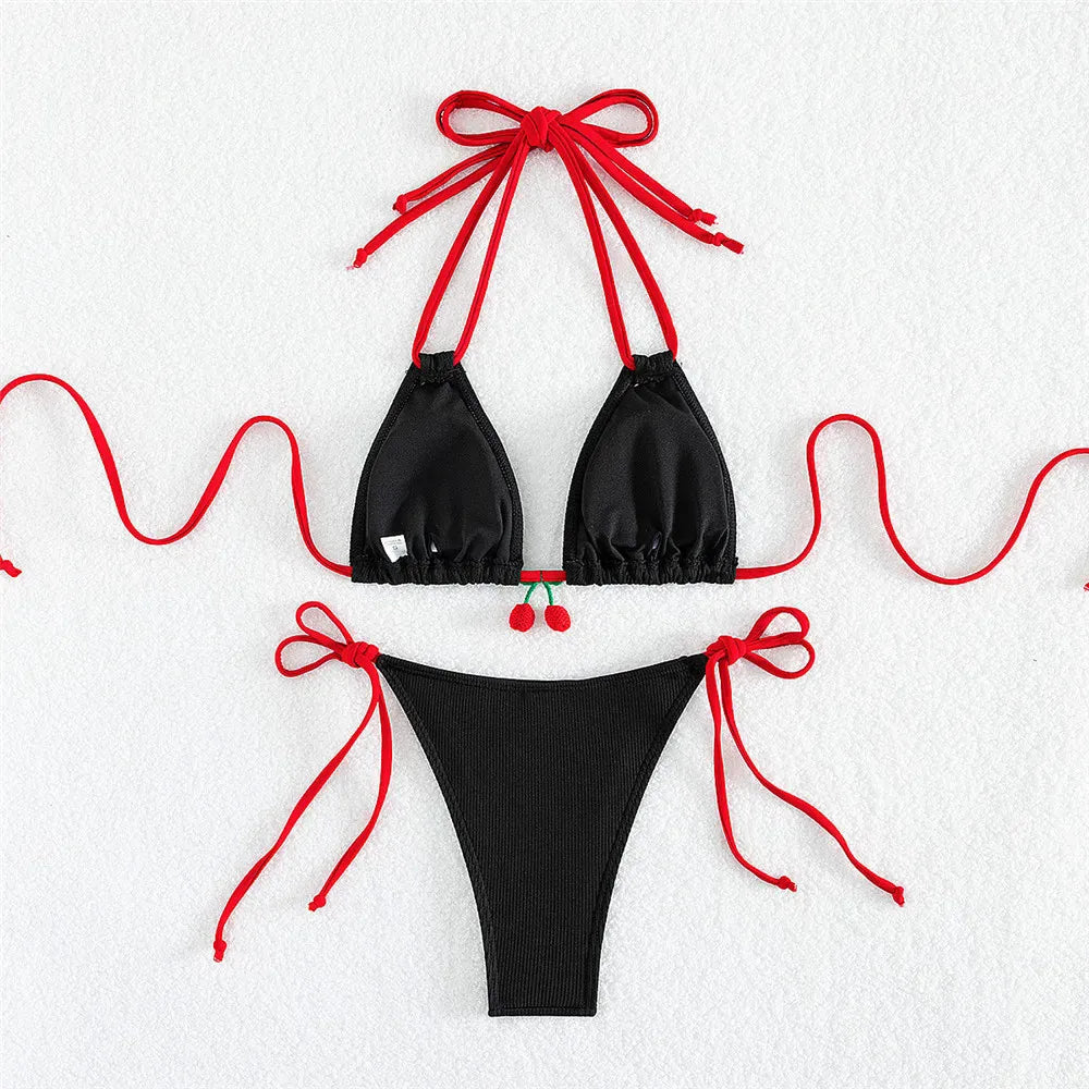 Mon Chéri Micro Bikini Set – Cute Cherry Print Triangle Swimwear