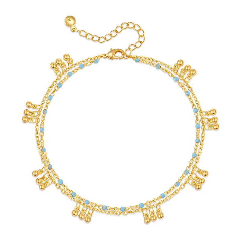 Boho Double Layer Beaded Anklet - 18K Gold Plated Minimalist Summer Foot Chain