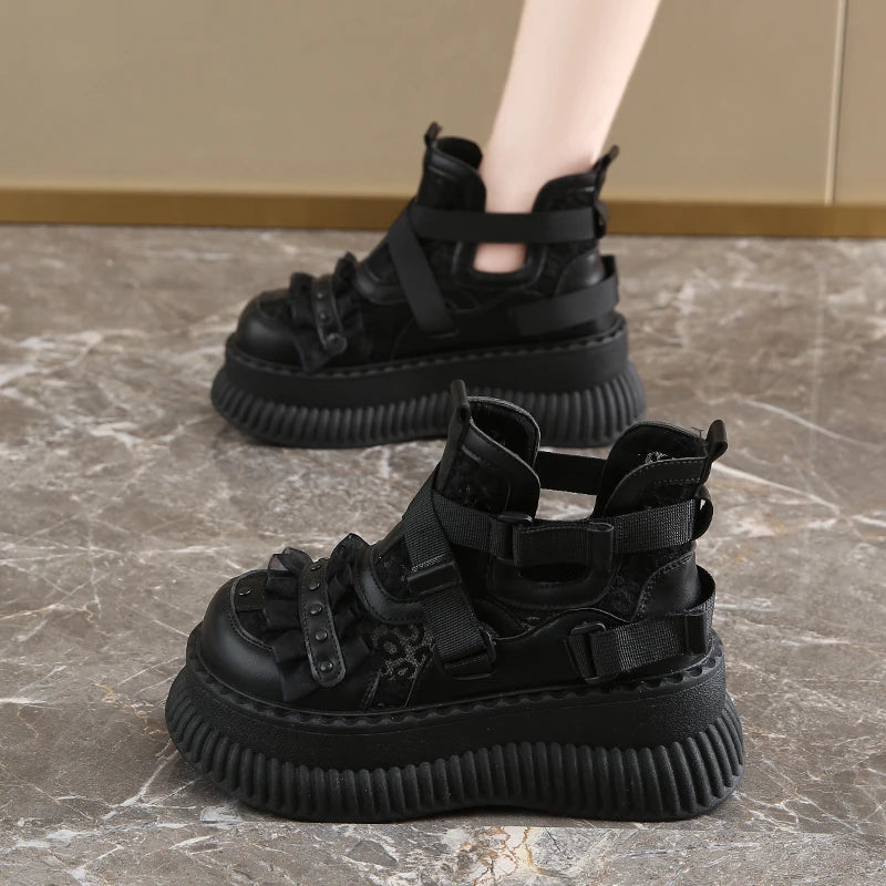 Elegant Platform Leather Sneakers - Buckle Detail