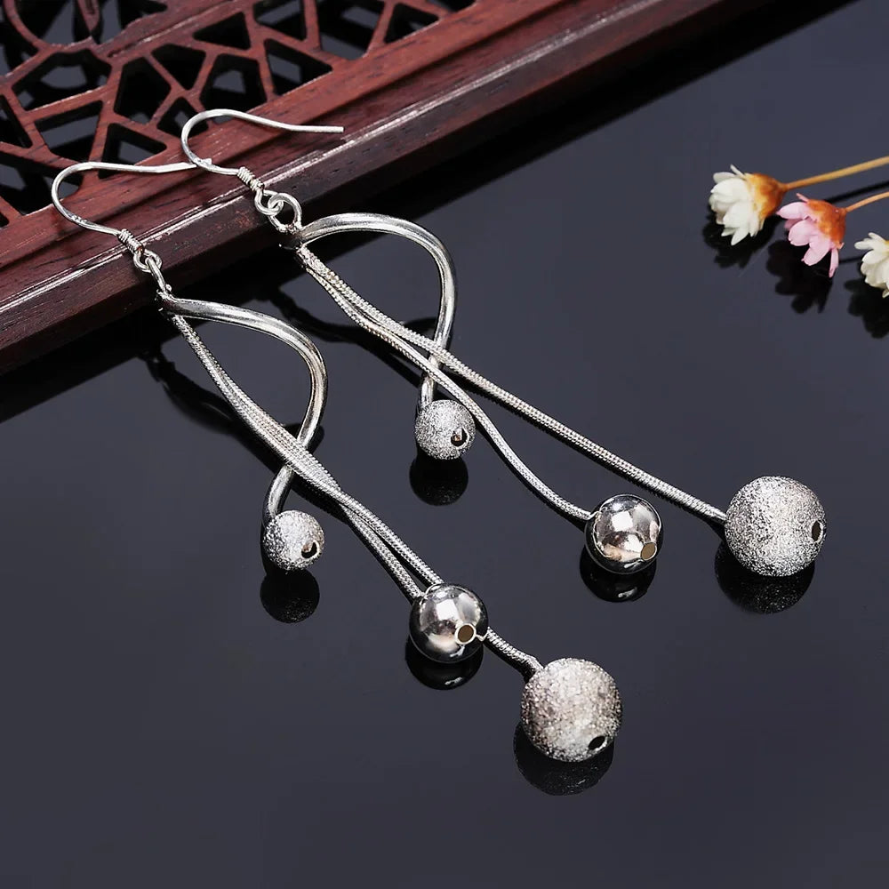 The "Aura Silver Droplet" Long Earrings – Genuine 925 Sterling Silver Bead Jewelry