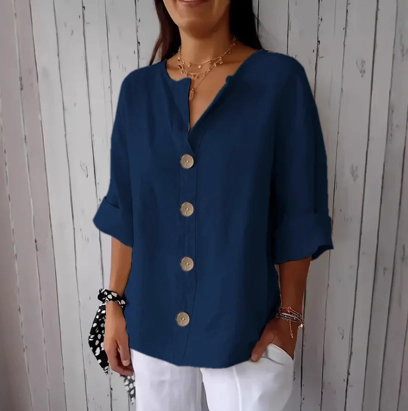 Casual Linen-Blend V-Neck Blouse - Elegant Summer Shirt