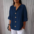 Casual Linen-Blend V-Neck Blouse - Elegant Summer Shirt