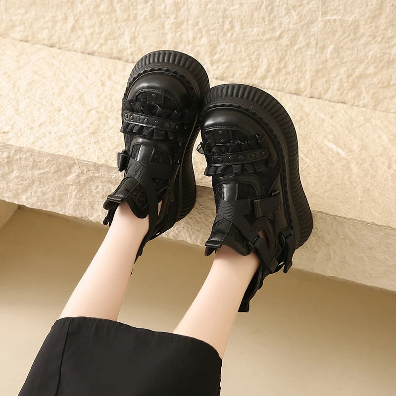 Elegant Platform Leather Sneakers - Buckle Detail