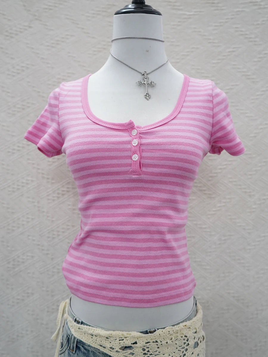 Brooklyn Retro Striped Crop Top – Y2K Ribbed Button Henley Tee