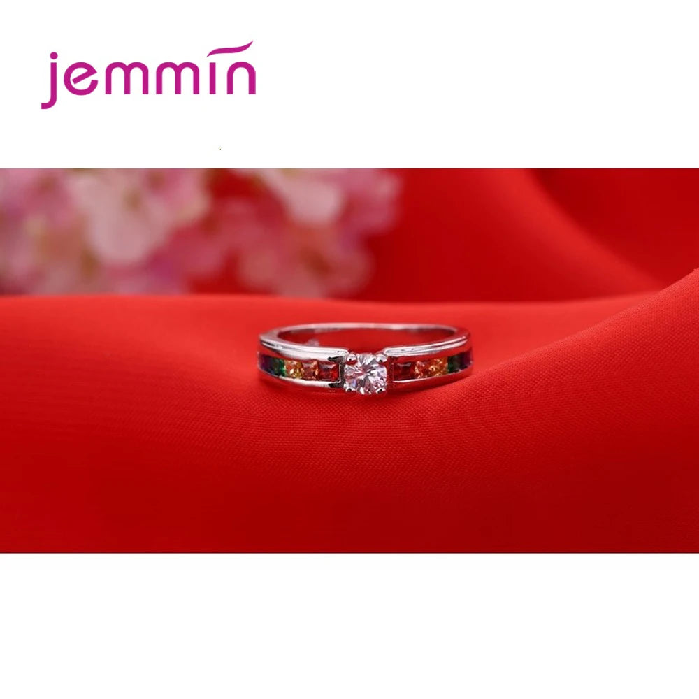 Rainbow Cubic Zirconia Statement Ring - Colorful Crystal Silver Plated Fashion Jewelry for Women