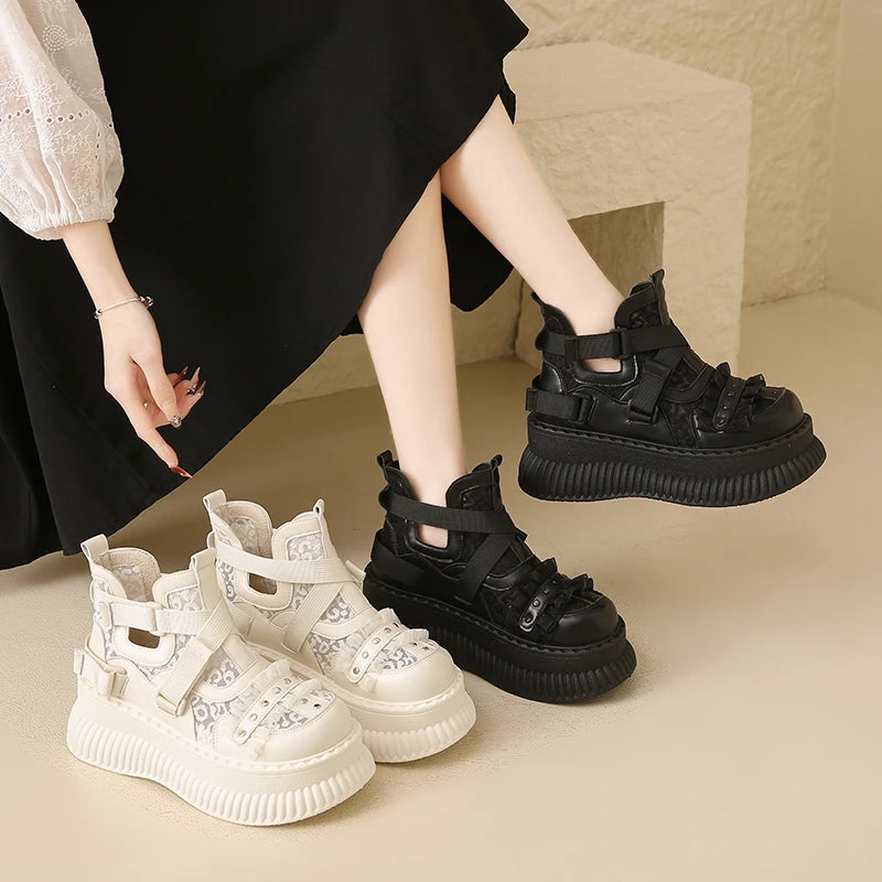 Elegant Platform Leather Sneakers - Buckle Detail