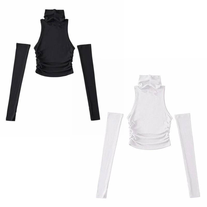 The "Aura Matrix" Ribbed 2-Piece Top – Sleeveless Turtleneck with Detachable Sleeves